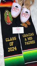 Load image into Gallery viewer, 2025 * Gracias a mis Padres Graduation Stole Sarape Sash- Monarca and Virgen SOLD OUT