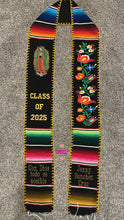 Cargar imagen en el visor de la galería, 2026 Black Floral Tulipán w virgen w gold finish - Black Graduation Stole Sarape Sash IN STOCK