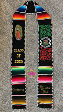 Load image into Gallery viewer, *2026* Virgen Black Mexico Floral w white finish - Black Graduation Stole Sarape Sash IN STOCK