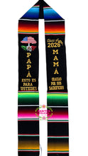 Load image into Gallery viewer, 2026 Papá Mama Gracias - Sacrifices Black Graduation Stole Sarape Sash IN STOCK
