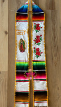 Cargar imagen en el visor de la galería, 2027 Virgen and Roses w/ gold border - White Stole Sarape Sash IN STOCK