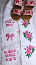 Load image into Gallery viewer, Coquette Embroidered Graduation Sarape Sash stole IN STOCK