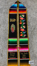 Cargar imagen en el visor de la galería, 2026 Black Floral Tulipán w virgen w gold finish - Black Graduation Stole Sarape Sash IN STOCK