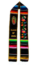 Load image into Gallery viewer, Black Floral Tulipán w virgen Black Graduation Stole Sarape Sash SOLD OUT