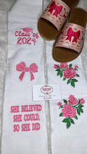 Load image into Gallery viewer, Coquette Embroidered Graduation Sarape Sash stole IN STOCK