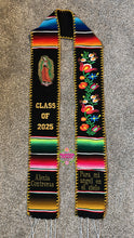 Cargar imagen en el visor de la galería, 2026 Black Floral Tulipán w virgen w gold finish - Black Graduation Stole Sarape Sash IN STOCK
