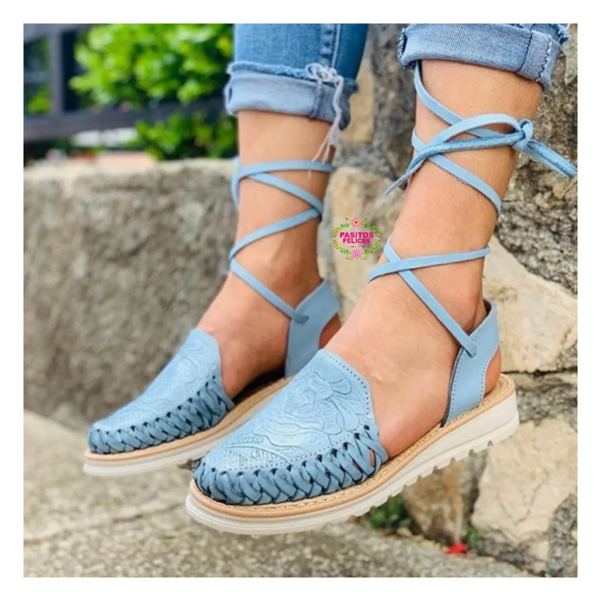 Mexico - Blue Tooled Lace Up Leather Huaraches 