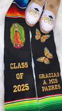 Load image into Gallery viewer, 2025 * Gracias a mis Padres Graduation Stole Sarape Sash- Monarca and Virgen SOLD OUT