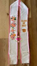 Load image into Gallery viewer, 2027 Yellow and Pink Roses w/ Pink border -  White Stole Sarape Sash IN STOCK
