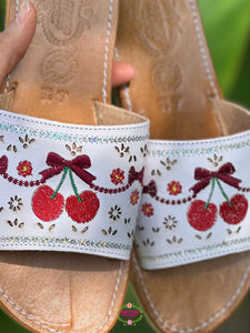Cherry Red Coquette Mexican White Sandals