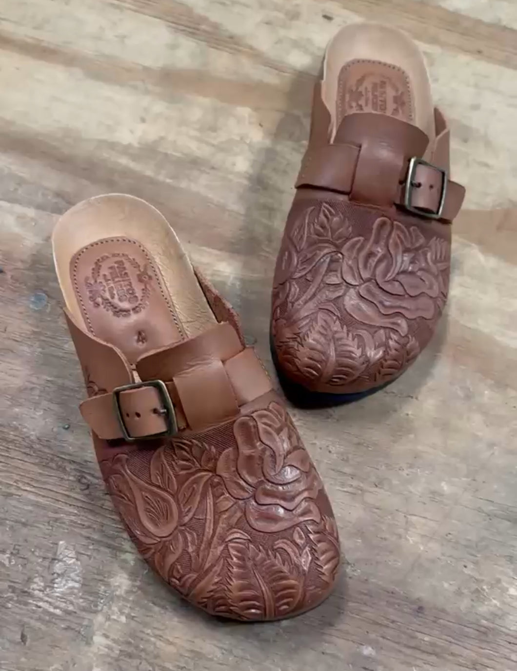 Almond Rose Corcho Slides - tooled leather rose slides PREORDER