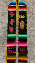 Load image into Gallery viewer, *2026* Virgen and Roses Black Stole Gold finish Sarape Sash IN STOCK
