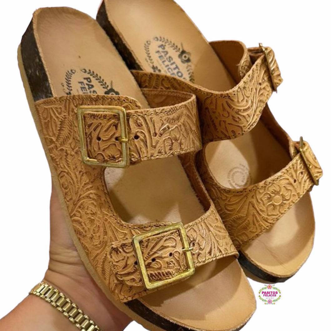 Corcho Sandals - Tan Tooled Sandals