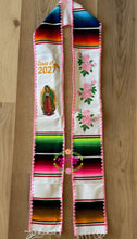 Load image into Gallery viewer, 2027 Virgen and Pink Roses w/ Pink border -  White Stole Sarape Sash IN STOCK
