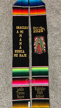 Cargar imagen en el visor de la galería, *2026*Gracias a mi Mamá Floral Virgen Black Graduation Stole Sarape Sash IN STOCK

