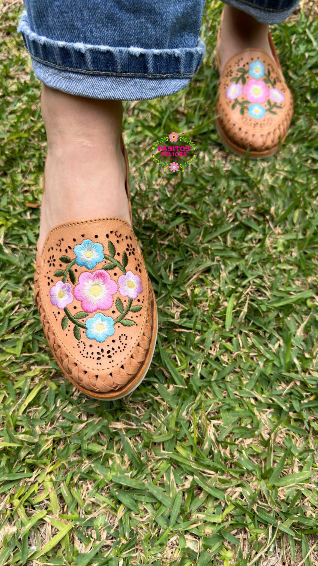 Viri - Tan Embroidered Leather Flats PREORDER