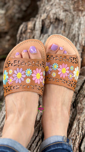 Angelica - Tan Leather Embroidered Sandals