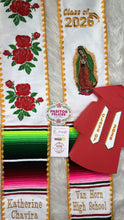 Cargar imagen en el visor de la galería, 2026 Virgen and Roses w/ gold border -  White Stole Sarape Sash
