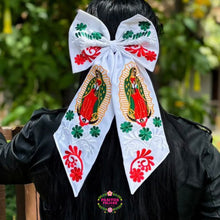 Load image into Gallery viewer, Moño Blanco Tri color Virgen- Embroidered Long Bow
