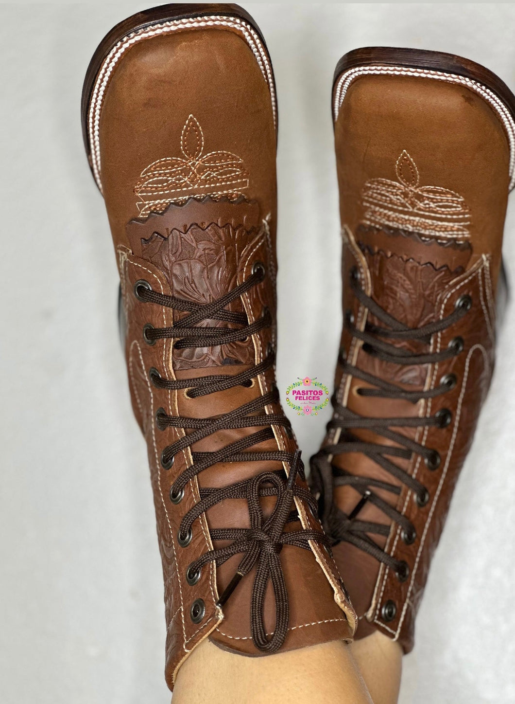 WIDE Botas Lacer - Tan Leather Tooled Wide Boots