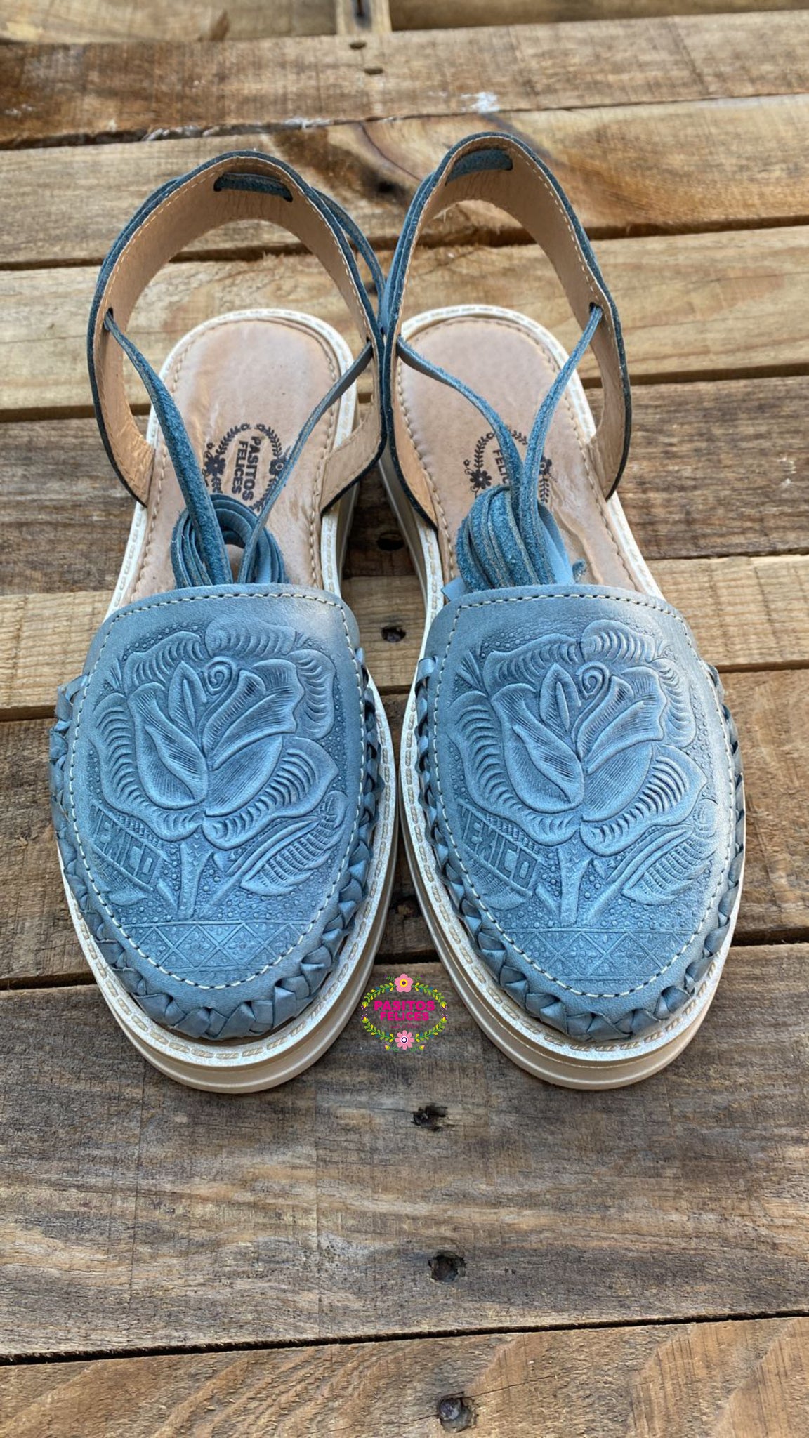 Mexico Blue Tooled Lace Up Leather Huaraches