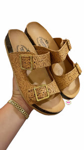Corcho Sandals - Tan Tooled Sandals