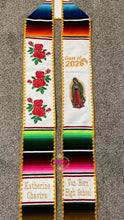 Cargar imagen en el visor de la galería, 2026 Virgen and Roses w/ gold border -  White Stole Sarape Sash
