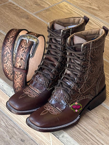 Botas Café  Lacer - Shiny Brown Leather Tooled Boots