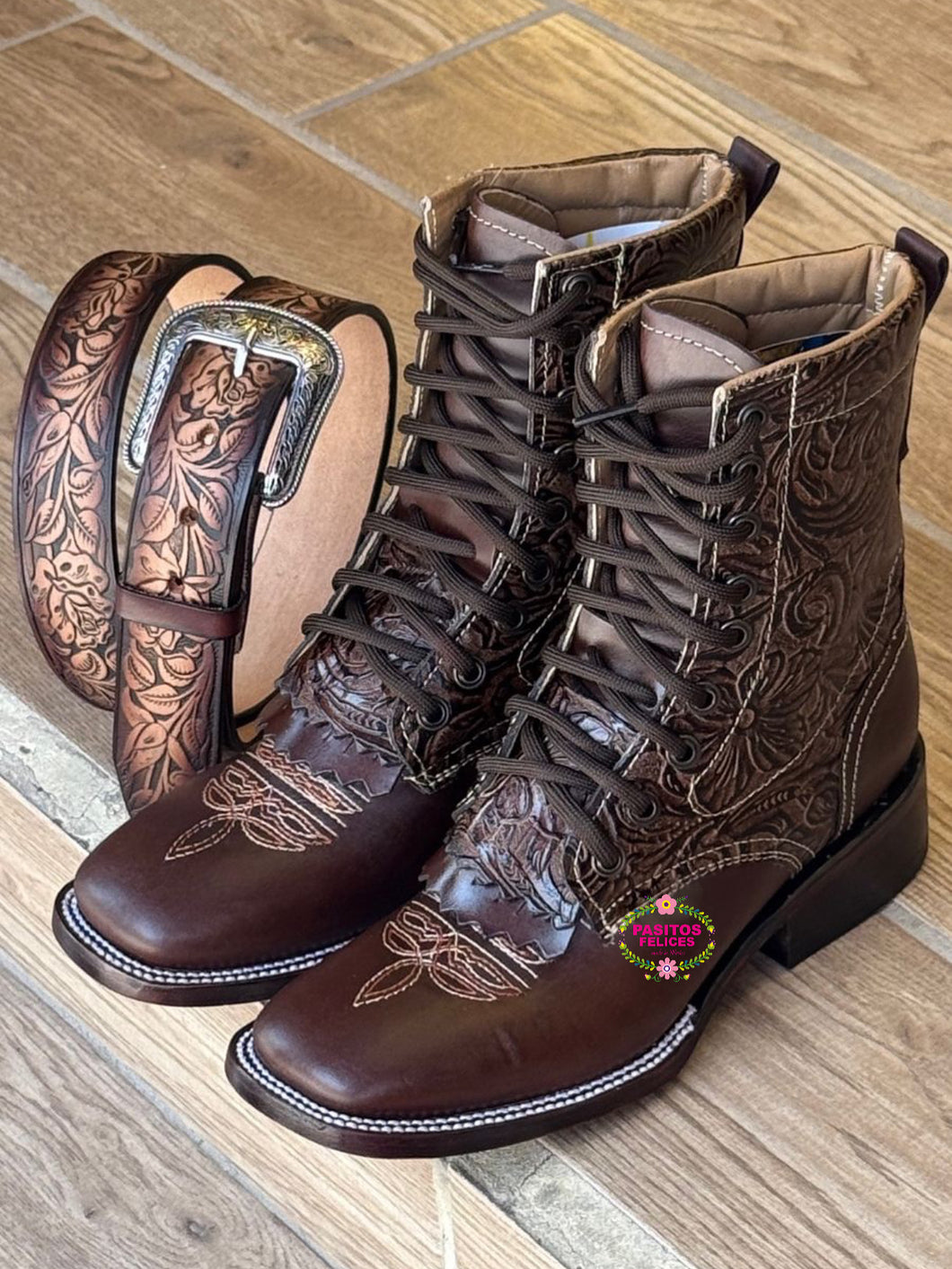 Botas Café  Lacer - Shiny Brown Leather Tooled Boots