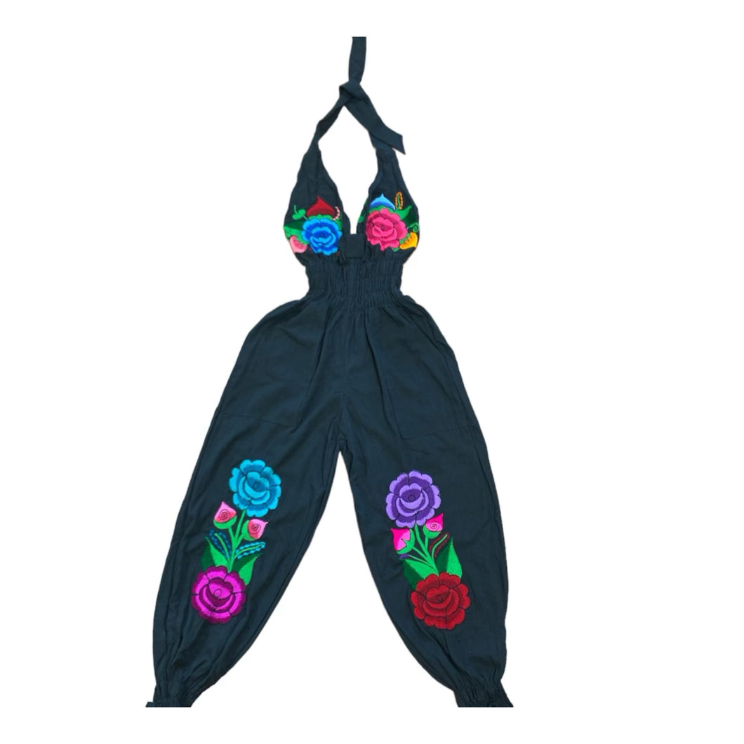 Black Jumpsuit (blue and pink rose)