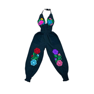 Black Jumpsuit  (fuschia and blue Roses)