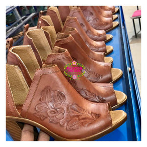 Morena - Brown Tooled Leather Booties