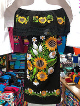 Load image into Gallery viewer, Black sunflower off shoulder dress
