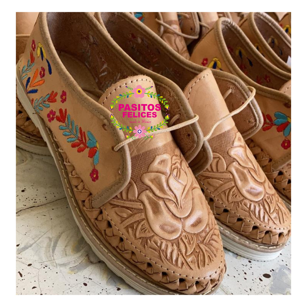 Embroidered Mocasines Artesanales - Light Tan Tooled Embroidered Loafers