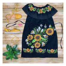 Load image into Gallery viewer, Black sunflower off shoulder dress
