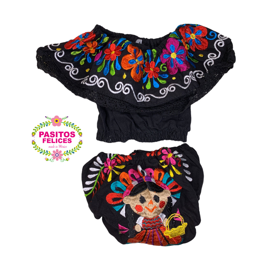 Lele pañalero - baby black embroidered outfit